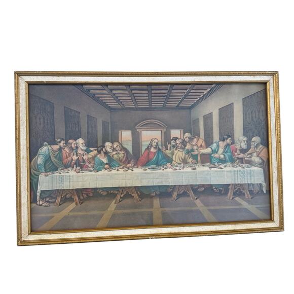 Vintage Wood Framed The Last Supper Art Print Wall Hanging Da Vinci 21.5x13.5